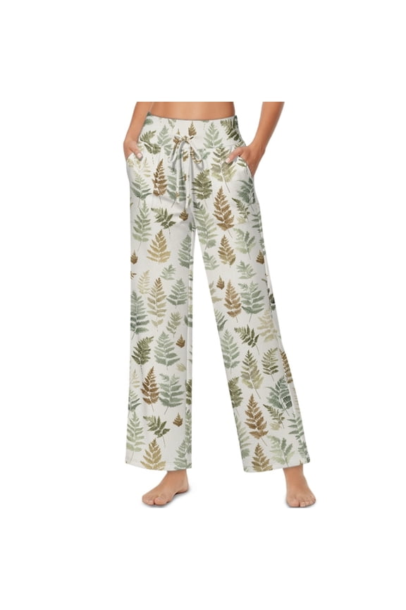 Leaf Print Green Beige Women Flowy Pants Drawstring High Waist Wide Leg Palazzo Pants Loose Fit Lightweight Trendy Lounge Trousers with Pockets, XXL