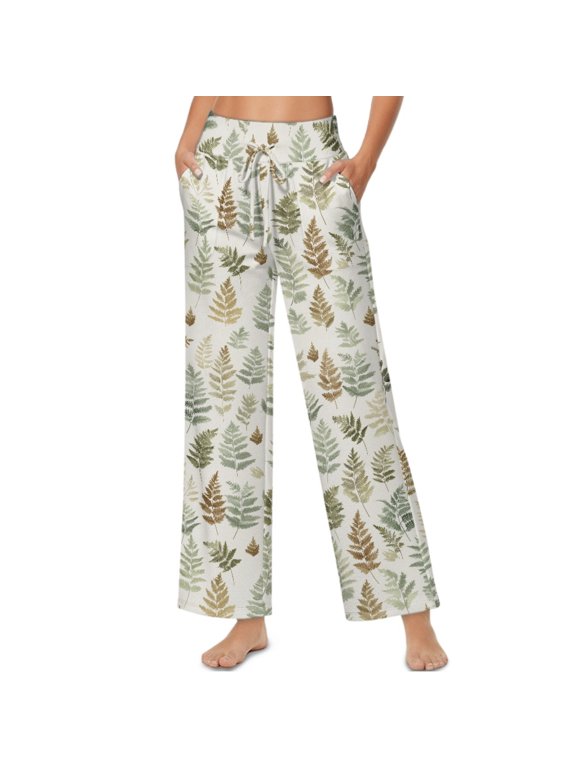 Leaf Print Green Beige Women Flowy Pants Drawstring High Waist Wide Leg Palazzo Pants Loose Fit Lightweight Trendy Lounge Trousers with Pockets, XXL