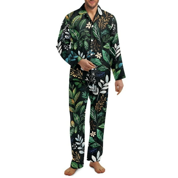 SCRAWLGOD Leaf Print Green Black Mens Polyester Cozy Pajama Set, Lightweight Button-Down Long Sleeve Pajama Set for Men with Pockets, Men's Sleepwear, Casual Loungewear, S