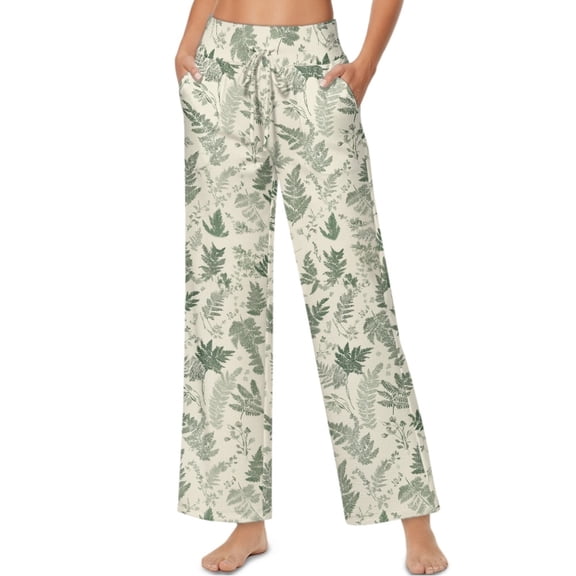 SCRAWLGOD Leaf Print Green Palazzo Lounge Pants for Women High Wisted Drawstring Trousers Wide Leg Comfortable Stretchy Flowy Casual Pants with Pockets, XXL