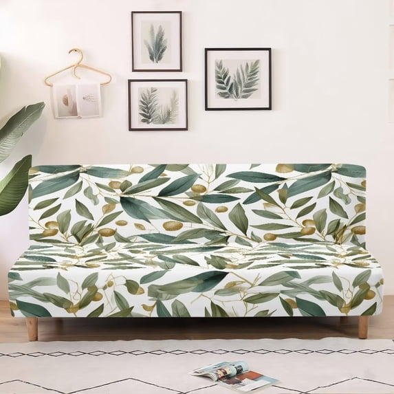 SCRAWLGOD Leaf Print Sofa Cover Armless Couch Cover for 3 Cushion Couch Washable Anti Wrinkle Furniture Protector Soft Sofa Slipcover with Elastic Bottom for Dogs