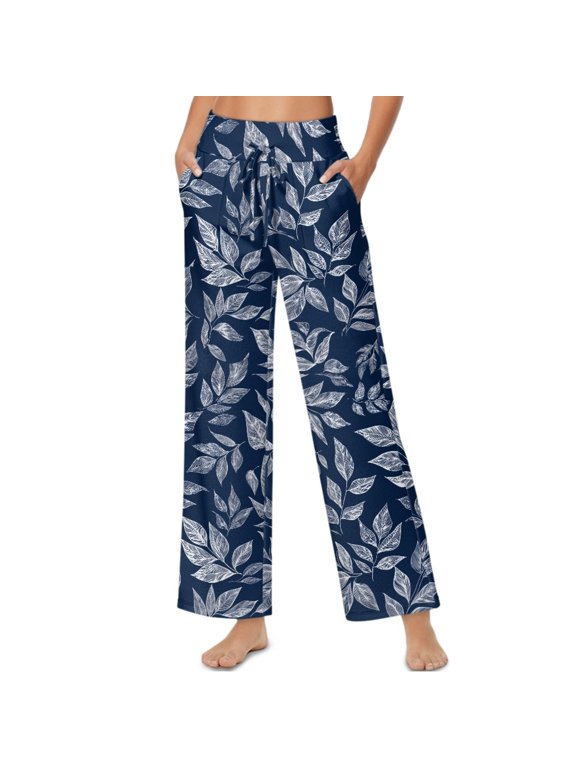 Leaf Print White Navy Blue Womens High Waist Casual Pants Drawstring Wide Leg Vacation Comfy Lounge Trousers Stylish Flowy Loose Fit Slacks with Side Pockets, XXL