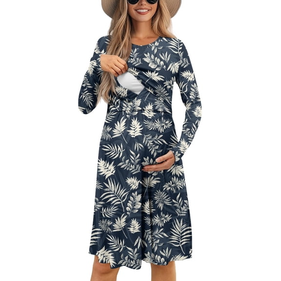SCRAWLGOD Leaf Womens Fall Dresses Nursing Friendly Dresses Long Sleeve Maternity Dress Crewneck Pregnancy Clothes for Women Work Casual Swing Dress for Women Midi Length Size L