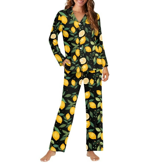 SCRAWLGOD Lemon Button Down Pajamas Women Long Sleeve Sleepwear for Women Set of 2 V-Neck Ladies Pj with Pockets Size 3XL Comfortable Woman Nightwear