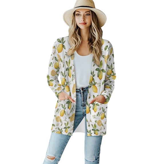 SCRAWLGOD Lemon Cardigan Jacket for Women Lightweight Graphic Sweatshirts for Women Fall Long Sleeve Ladies Cardigan with Pockets Elastic Sweater Coat Long Size 2XL