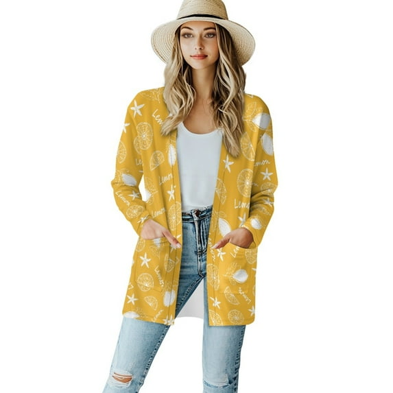 SCRAWLGOD Lemon Cardigans for Women Trendy Lightweight Jacket Women Dressy Casual Long Sleeve Women's Open Front Cardigan Size XL Stretchy Ladies Cardigan Sweatshirts