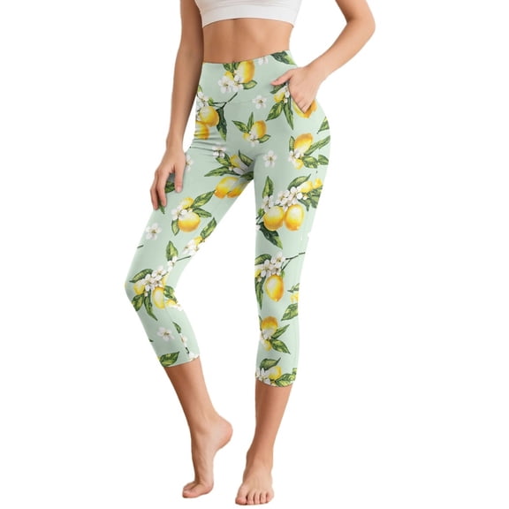 SCRAWLGOD Lemon Floral Green Capri Yoga Pants with Pockets for Women High Waisted Crop Legging for Workout Tummy Control Breathable Cropped Tights for Running Sport, 3XL