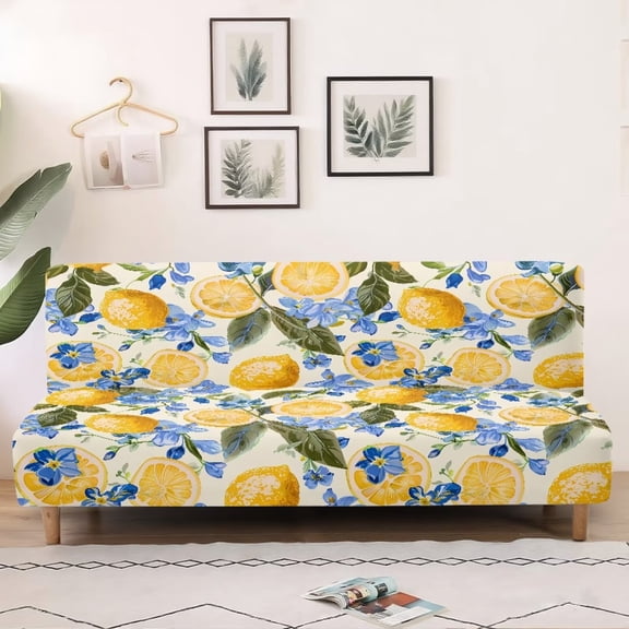 SCRAWLGOD Lemon Floral Print Armless Couch Cover for Kids Anti Scratch Stretch Sofa Slipcover Washable Breathable Couch Slipcover with Elastic Bottom