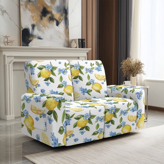 SCRAWLGOD Lemon Floral Print Lazy Boy Recliner Cover Stretch 2 Seater Sofa Cover Washable Anti Scratch Recliner Slipcover with Pocket
