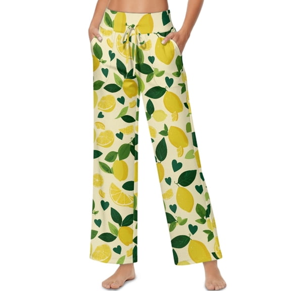 SCRAWLGOD Lemon Leaf Heart Print Beige Women Stretchy Wide Leg Pants Soft Elastic High Waisted Lace-Up Casual Palazzo Pants Soft Loose Fit Fashion Trousers with Pockets, L