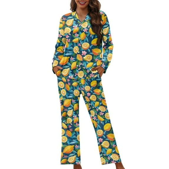 SCRAWLGOD Lemon Long Sleeve Button Pajamas for Women Long Sleeve Tops and Pants V Neck 2 Pj Sets for Woman Size 4XL Breathable Loungewear Sets Woman Travel
