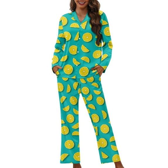 SCRAWLGOD Lemon Long Sleeve Button Pajamas for Women 2 Piece Outfits Sets Casual V-Neck Women Lounge Travel Set Size XL Soft Women's Pjs with Pockets