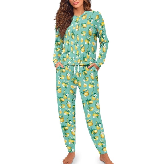 SCRAWLGOD Lemon Long Sleeve Pajamas for Women Pjs Fall Pj Set Women Loungewear Size S Crewneck Women's Pajama with Pockets Lightweight 2-Piece Lounge Set