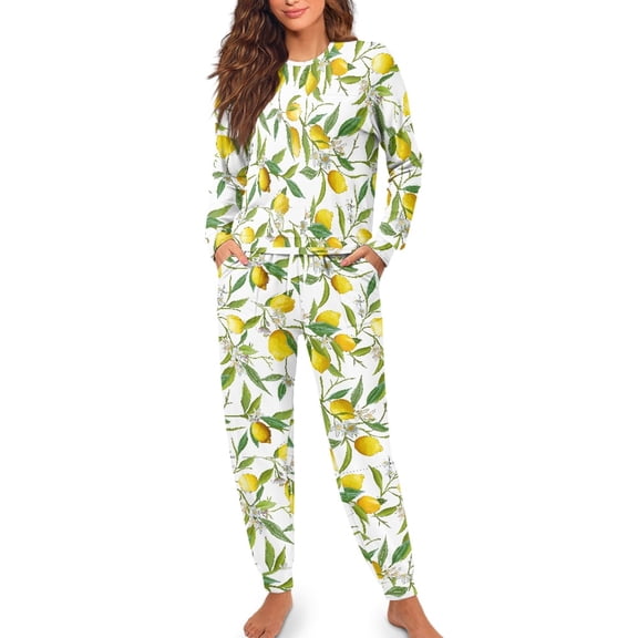 SCRAWLGOD Lemon Women Pajamas Sets Long Sleeve Pj for Women Loungewear 2 Piece Outfits Crewneck Jogger Pjs Women Size S Breathable Women Nightwear Pajama Sets