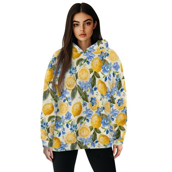 SCRAWLGOD Lemons Pullover Hoodie Sweaters for Women Hoodies Pullover Graphic Long Sleeve Tops for Women Lightweight Oversized Crewneck Sweatshirt Women Plus Size XL for Running