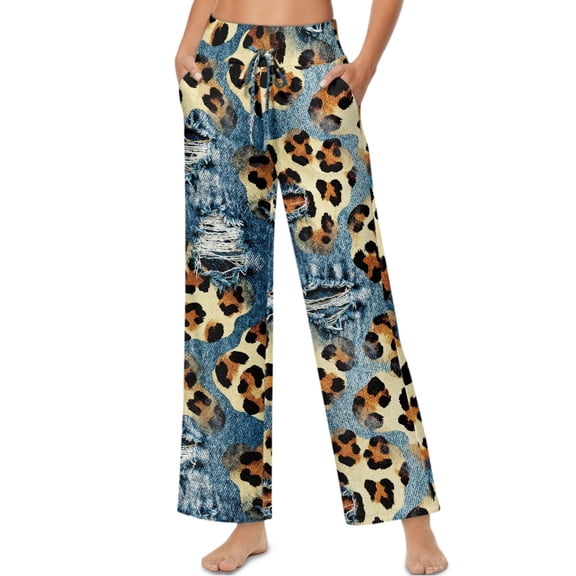 SCRAWLGOD Leopard Denim Print Blue Beige Womens Palazzo Pants Drawstring High Waist Wide Leg Casual Pants Comfortable Stretchy Lightweight Flowy Trousers with Pockets, XL