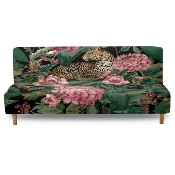 SCRAWLGOD Leopard Floral Leaf Print Non Slip Futon Cover, Armless Washable Couch Cover for Futon, Stretchy Sofa Cover, Scratch Resistant Furniture Protector for Pets, Dog and Cat