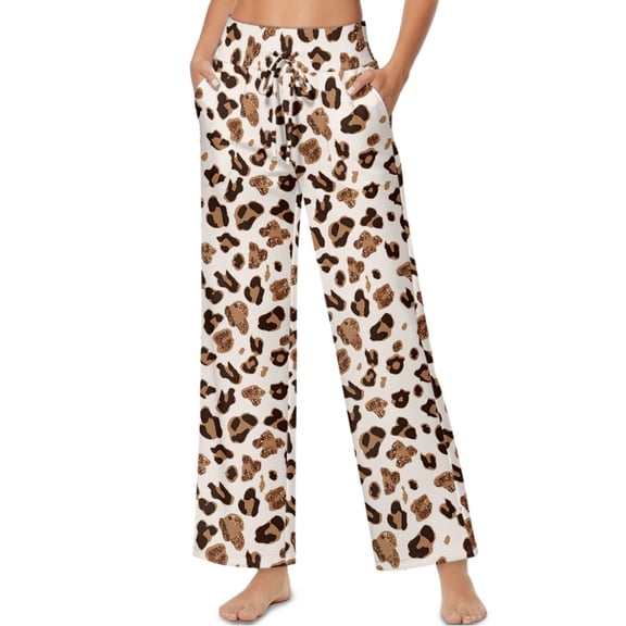 SCRAWLGOD Leopard Print Brown Beige Womens High Waist Casual Pants Drawstring Wide Leg Vacation Comfy Lounge Trousers Stylish Flowy Loose Fit Slacks with Side Pockets, S