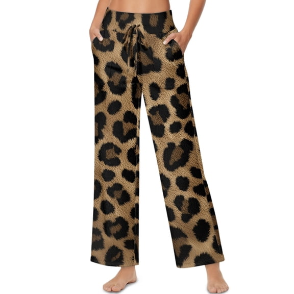 SCRAWLGOD Leopard Print Brown Black Womens Wide Leg Palazzo Pants with Adjustable Tie Knot High Waist Soft Casual Trousers Trendy Lightweight Lounger Slacks with Pockets, M