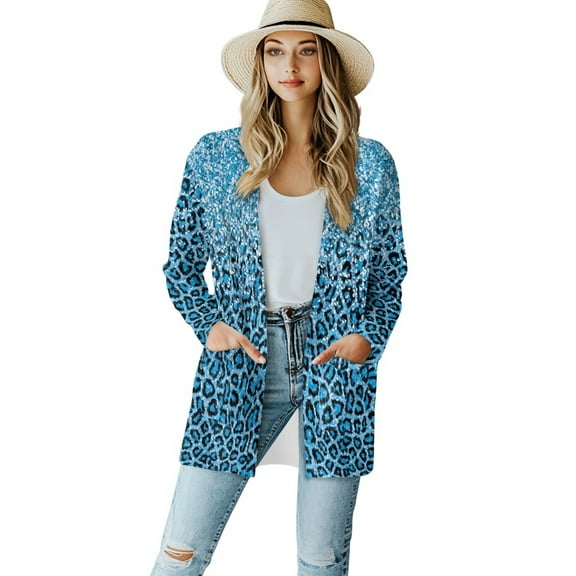 SCRAWLGOD Leopard Print Cardigan Jackets for Women Trendy Long Sleeve Tops for Women Work Size 2XL Breathable Ladies Cardigan Sweaters with Pockets for Travel