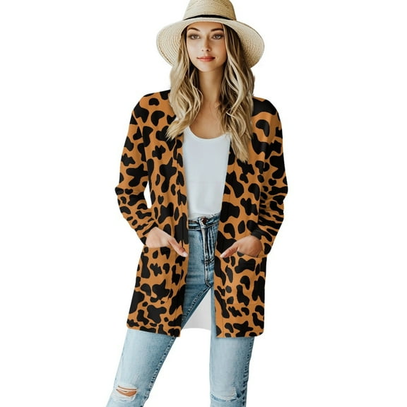 SCRAWLGOD Leopard Print Cardigan Jackets for Women Trendy Outfits for Women Work Long Sleeve Women's Cardigan Sweaters with Pockets Size XL Soft Work Cardigan for Women Long