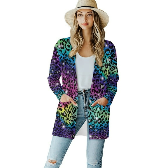SCRAWLGOD Leopard Print Cardigan Sweaters for Women Dressy Sweatshirt Cardigan with Pockets Sweater Coats Fall Size M Comfy Womens Long Cardigan for Daily Life