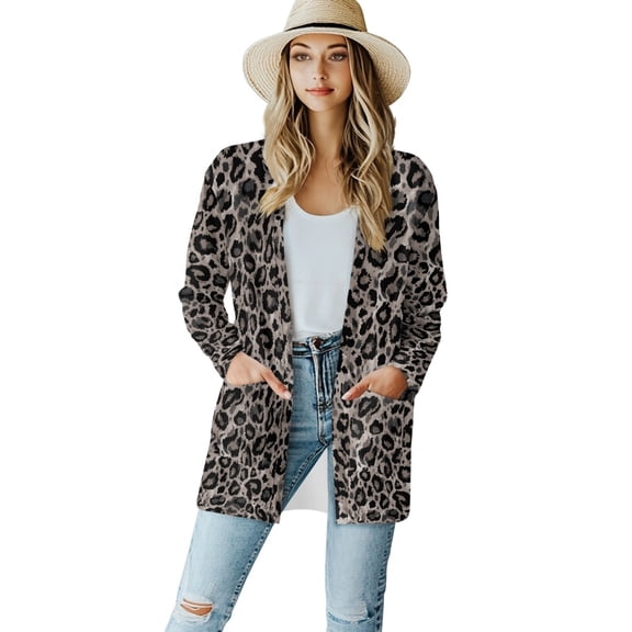 SCRAWLGOD Leopard Print Cardigan Sweaters for Women Trendy Clothes Fall Cardigan with Pockets Size S Long Sleeve Sweater Coat Long Washable Women Jackets Casual