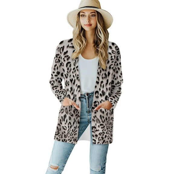 SCRAWLGOD Leopard Print Fall Cardigan Sweaters for Women Lightweight Jackets Casual Size M Long Sleeve Work Cardigan for Women Long Loose Womens Cardigan with Pockets for Party