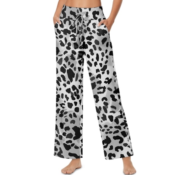 SCRAWLGOD Leopard Print Gray Black Woman Palazzo Pants High Waisted Drawstring Lounge Flowy Trousers Soft Stretchy Lightweight Flowy Trousers Pants with Pockets, S