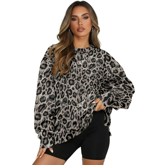SCRAWLGOD Leopard Print Gray Black Womens Crewneck Sweatshirt Casual Loose Fit Tops Long Sleeve T Shirt with Pockets Comfortable Trendy Oversized Fall Winter Clothes, 3XL
