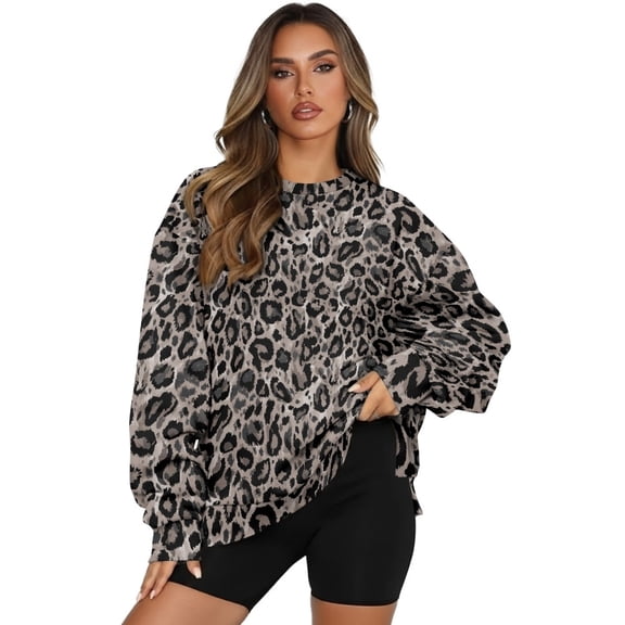 SCRAWLGOD Leopard Print Gray Black Womens Crewneck Sweatshirt Casual Loose Fit Tops Long Sleeve T Shirt with Pockets Comfortable Trendy Oversized Fall Winter Clothes, S
