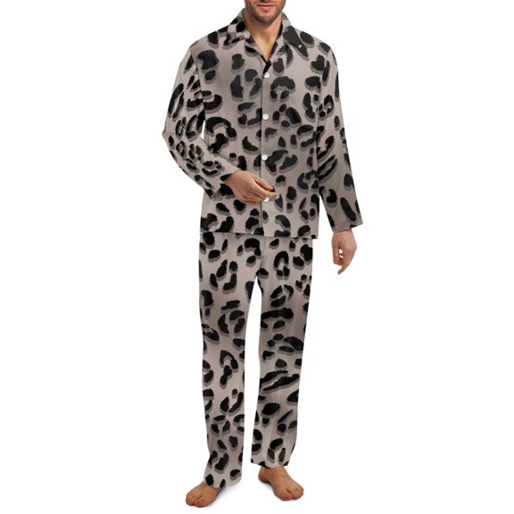 SCRAWLGOD Leopard Print Gray Mens Polyester Pajama Set, 2 Pcs Wrinkle-Free Button Down Pajama Set for Men, Men's Sleepwear with Pockets, Long Sleeve Loungewear, 4XL