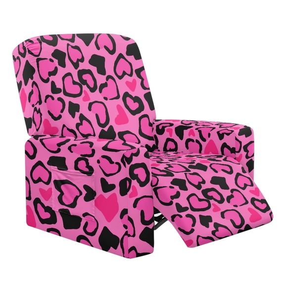 SCRAWLGOD Leopard Print Heart Pink Black Recliners Covers Stretch Recliner Chair Covers Recliner Sofa Slipcovers 4-Pieces Reclining Cover Non Slip Recliner Couch Covers Furniture Protector Covers