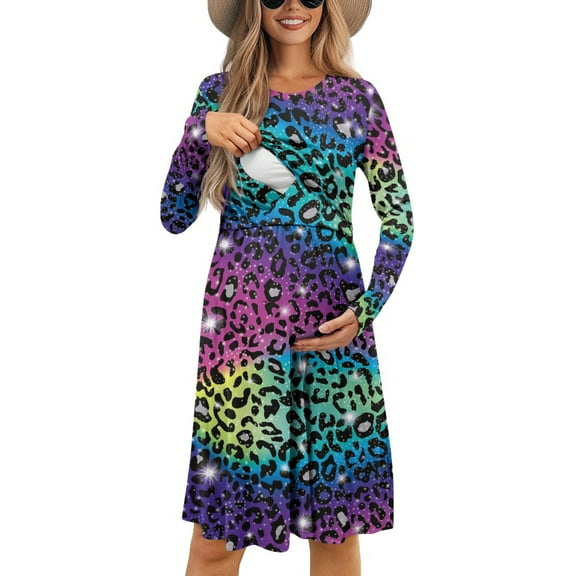 SCRAWLGOD Leopard Print Maternity Dresses for Women Long Sleeve Breastfeeding Dress Size M Crewneck Nursing Friendly Dresses Fall Lightweight Pregnancy Dresses for Baby Shower
