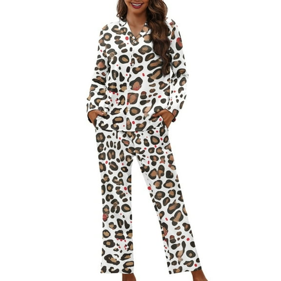 SCRAWLGOD Leopard Print Pajama Set for Women Long Sleeve 2 Piece Button Up Outfit V Neck Graphic Pjs Fall Washable Nightwear Sets for Women Casual Size XS