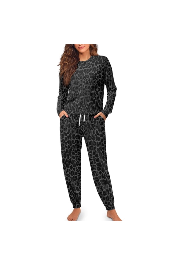 Leopard Print Pajamas for Women Long Sleeve Tops and Pants Set of 2 Pjs Size M Drawstring Pajama Set with Pockets Elastic Women's Soft Loungewear