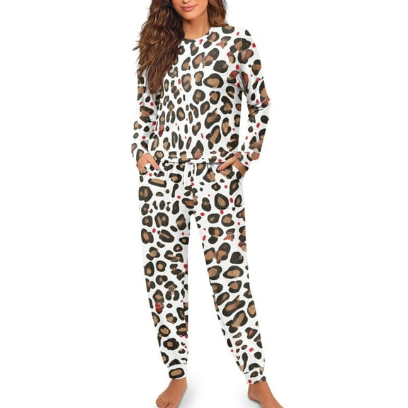SCRAWLGOD Leopard Print Pajamas Womens Long Sleeve Pajama Sets for Women 2 Piece Crewneck Ladies Pj with Pockets Size XL Washable Women Sleepwear Soft