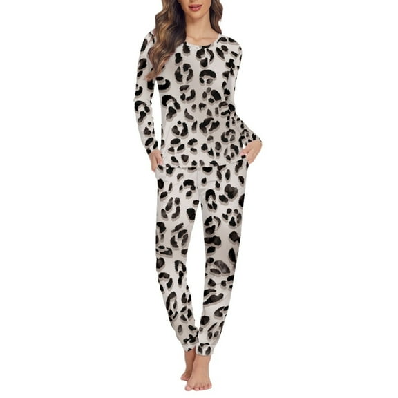 SCRAWLGOD Leopard Print Pajamas for Women Long Sleeve Pjs for Women Set Fall Clothing Size M Crewneck Ladies 2 Piece Pajama Set Soft Women Sleepwear