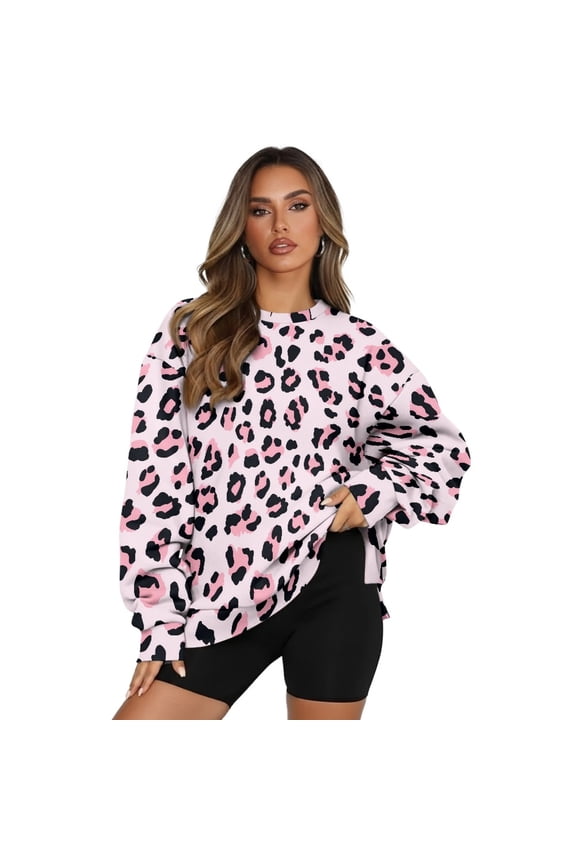 Leopard Print Pink Black Crewneck Fall Sweatshirts for Women Trendy Women's Long Sleeve Pullover Tops with Pockets Fashion for Daily Wear, Spots, Office, XL