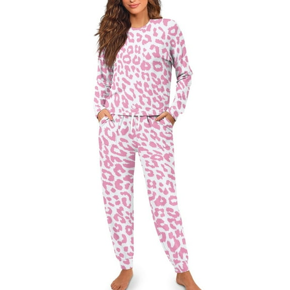 SCRAWLGOD Leopard Print Pjs Women Long Sleeve 2 Piece Sets for Women Pj Loungewear Crewneck Jogger Pajama Set for Women Size L Comfy Womens Pajamas Trendy
