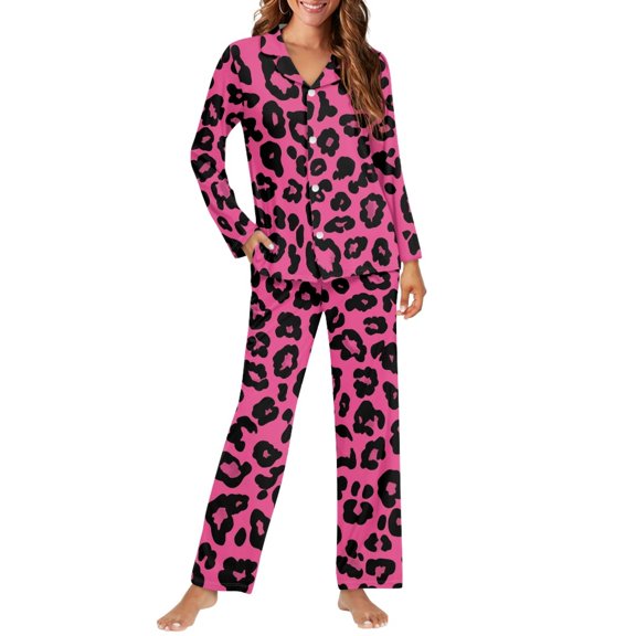 SCRAWLGOD Leopard Print Pjs for Women Button Up Pajamas Set Women Long Sleeve Pj Size M V Neck 2-Piece Outfits for Women Elastic Womens Pajama Fall