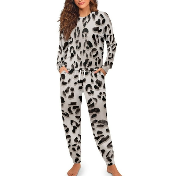 SCRAWLGOD Leopard Print Pjs for Women Pajamas Long Sleeve Pajama Sets for Women 2 Piece Crewneck Pj with Pockets Size XL Lightweight Loungewear Sets
