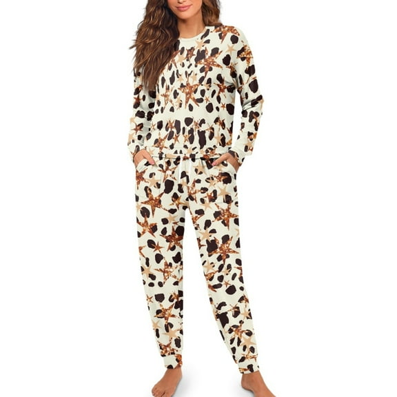 SCRAWLGOD Leopard Print Stars Women's Pajamas Set Soft 2 piece Loungewear Long Sleeve & Long Pants Pj Set with Pockets for Women Lightweight Sleepwear with Pockets, M