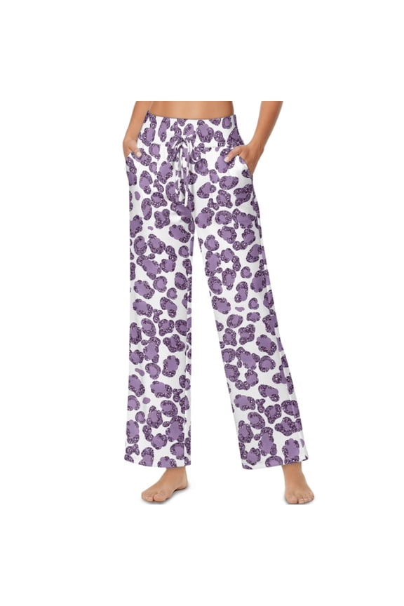 Leopard Print Violet White Womens Casual High Waist Pants Fashionable Drawstring Loose Fit Pants Trousers Soft Lightweight Lounge Slacks with Side Pockets, XXL