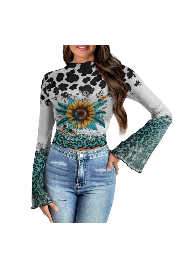 Leopard Print Women Bell Sleeve Tops Sunflower Flare Sleeve Blouse for Party Size M Summer 70's Flowy Long Sleeve Tops Mock Neck Tops for Ladies