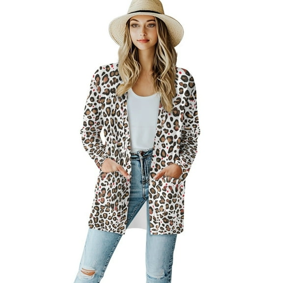 SCRAWLGOD Leopard Prints Womens Long Cardigan Lightweight Jacket with Pockets Size L Long Sleeve Cardigan Sweaters for Women Trendy Washable Womens Cardigans Dressy Casual