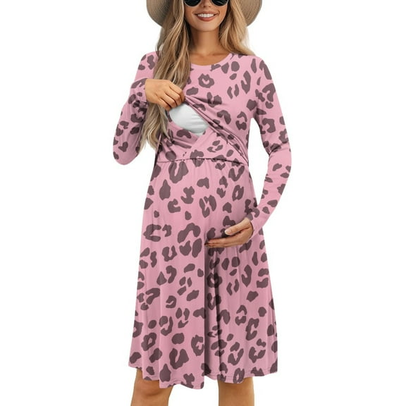 SCRAWLGOD Leopard Prints Womens Nursing Dress Long Sleeve Maternity Dresses for Work Size S Breast Feeding Dresses for Women Fall Outfits Elastic Swing Dresses for Women Casual
