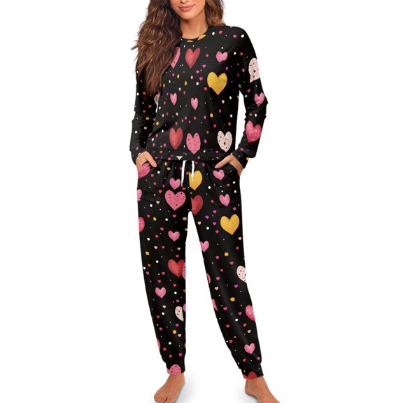 SCRAWLGOD Love Heart Pjs Sets for Women Long Sleeve and Pants Pajama Set with Pockets Size 2XL Ladies Two Piece Pajamas Casual Jogger Pj Sets for Women