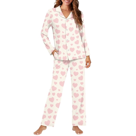 SCRAWLGOD Love Heart Womens Pajamas Set of 2 Piece Button Up Lounge Set Women Fall Long Sleeve Women's Pj with Pockets Size L Soft Nightwear Sets for Women