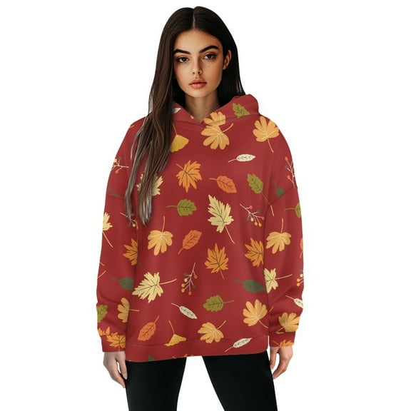 SCRAWLGOD Maple Leaf Print Women's Hoodies Pullover Oversized Sweatshirt for Women Plus Size L Washable Hooded Blouses Women Long-Sleeve Women's Sweatshirts for Thanksgiving Autumn